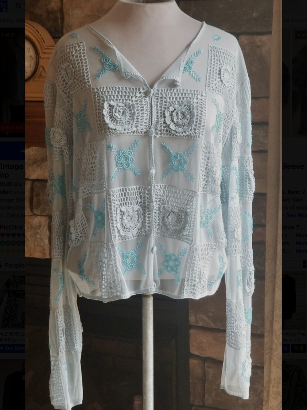 Vintage Gantos Light Blue Floral Crochet Beaded Sheer Cardigan
